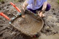 Funny little girl playing in a large wet mud puddle on sunny summer day. Child getting dirty while digging in muddy soil. Royalty Free Stock Photo