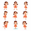 Funny Little Girl in Red Dress Expressing Different Emotion Vector Set Royalty Free Stock Photo