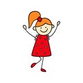 Funny little girl in a red dress with her hands up. Cute kid drawing Royalty Free Stock Photo