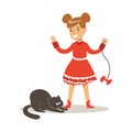 Funny little girl in red dress playing with black cat. Colorful cartoon character vector Illustration Royalty Free Stock Photo