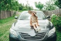 Cute little girl in straw hat sitting on car hood in village Royalty Free Stock Photo