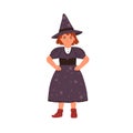 Funny little girl in witch costume vector flat illustration. Cute child wizard or sorcerer wearing dress and hat