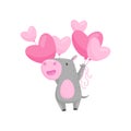 Funny little hippo with bunch of pink heart-shaped balloons. Cute behemoth. Flat vector for holiday postcard or banner