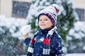 Funny little kid boy in colorful clothes playing outdoors during strong snowfall Royalty Free Stock Photo