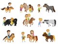 Funny little kids riding ponies and taking care of their horses set, equestrian sport, vector Illustrations Royalty Free Stock Photo