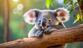 Funny little koala lying down on branch. Wild animal