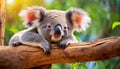 Funny little koala lying down on branch. Wild animal