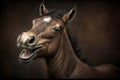 funny little laughing horse with black ears on dark brown background