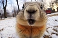 A funny little marmot pokes its face into the camera, wants to take a selfie against the backdrop of a snowy landscape