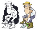 Funny little men. Puzzled Senior man with shovel. Gardening in garden