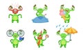 Funny Little Monster with Various Emotions Set, Cute Green Mutant Cartoon Character in Different Situations Vector Royalty Free Stock Photo