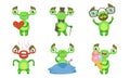 Funny Little Monster with Various Emotions Set, Green Mutant Cartoon Character in Different Situations Vector Royalty Free Stock Photo