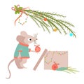 Funny little mouse in clothes near a gift box with a garland and Christmas balls. Set of holiday elements: Xmas tree branch, Royalty Free Stock Photo