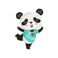 Funny little panda in dancing action. Adorable bamboo bear with pink cheeks in t-shirt. Flat vector design for sticker