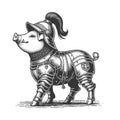 Funny little pig in knights armor sketch vector