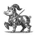 Funny little pig in knights armor sketch vector