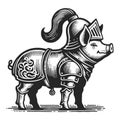 Funny little pig in knights armor sketch vector