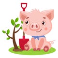 Funny Little Pig Vector. Cute Pig Gardener Funny Cartoon Animal Vector Illustration.