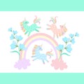 Funny little pony unicorns playing among the rainbow and clouds, from which grow blue bell flowers isolated on white background