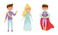 Funny Little Prince and Princess Wearing Crown and Dressy Look Garments Vector Illustrations Set