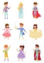 Funny Little Princes and Princesses Wearing Crown and Dressy Look Garments Vector Illustrations Set