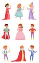 Funny Little Princes and Princesses Wearing Crown and Dressy Look Garments Vector Illustrations Set