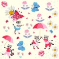 Funny Little Raccoons And Kitty With Pink Umbrellas, Butterflies, Flowers And Hearts Isolated On Light Yellow Background.