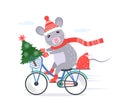 Funny little rat in santa claus costume rides a bike with a christmas tree and a full bag of gifts Royalty Free Stock Photo