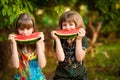 Funny little sisters girl eat watermelon in summer Royalty Free Stock Photo