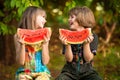 Funny little sisters girl eats watermelon in summer