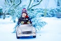 Funny little smiling kid boy driving toy car with Christmas tree. Royalty Free Stock Photo