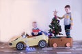 Funny little smiling kids driving toy car with Christmas tree. Happy child in colour fashion clothes bringing hewed xmas tree from Royalty Free Stock Photo