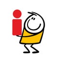 Funny little stickman holding letter i for important information. Vector illustration of doole boy and red mark.