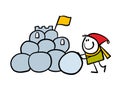 Funny little Stickmann in warm clothes rolls a huge snowball and builds a snow fortress. Vector illustration of a boy