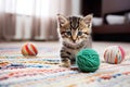 funny little tabby kitten plays with colorful balls of woolen threads on the carpet in the living room Royalty Free Stock Photo