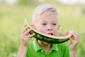 Funny little toddler boy with blond hairs eating watermelon outdoors.
