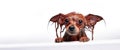 Funny little wet dog in bathroom on white background. Dog takes a shower. Russian Long Haired Toy Terrier Canis lupus familiaris Royalty Free Stock Photo