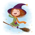 Funny little witch flying on a broomstick