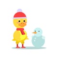 Funny little yellow duckling with snowman cartoon character vector illustration Royalty Free Stock Photo