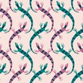 Funny lizards hand drawn vector illustration. Cute colorful salamanders in flat style seamless pattern for kids fabric.