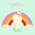 Funny llama alpaca in the image of a unicorn with wings and a horn in the cartoon style are isolated