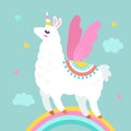 Funny llama alpaca in the image of a unicorn with wings and a horn in the cartoon style are isolated. flat vector illustration