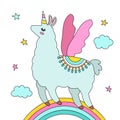 Funny llama alpaca in the image of a unicorn with wings and a horn in the cartoon style are isolated. flat vector illustration