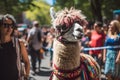 Funny llama, alpaca in South America in a colorful costume at a Latin American festival