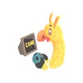 Funny llama character playing computer games, cute alpaca animal cartoon vector Illustration