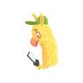 Funny llama character using mobile phone, cute alpaca animal cartoon vector Illustration
