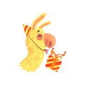 Funny llama character wearing party hat with gift box, cute alpaca animal cartoon vector Illustration
