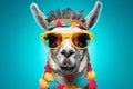 Funny llama in sunglasses with a colorful headband and pom-pom necklace isolated on blue background. Concept of summer, fun, party Royalty Free Stock Photo