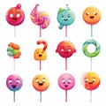 Funny lollipop cartoon figures on stick. Isolated white background.