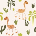 Funny long-necked animals, palm trees, plants. Seamless pattern. Vector illustration